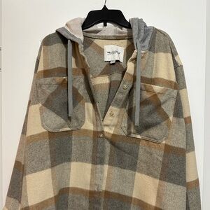 Wallflower Neutral Plaid Hooded Shacket in Beige, Gray & Brown